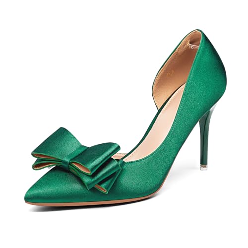 Image of Womens Bow Heels Closed Pointed Toe Dress Shoes Stiletto Slip on Wedding Pumps