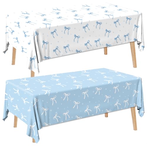 Image of 2Pcs Blue Bow Tablecloth,Coquette Birthday Decorations Bow Theme Plastic Table Cover Blue Bow Rectangle Tablecloth for Girls Women Bachelorette Baby Shower Party Decor