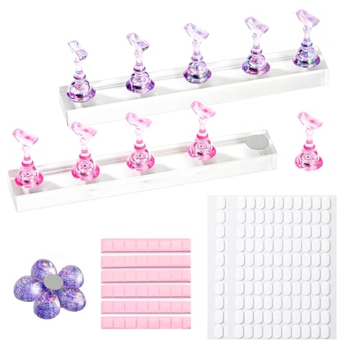 xiluuyou 1 Sets Support Ongles Capsules, Support Magnétique en Acrylique pour Entraînement Nail Art, Kit de Présentation avec 2 Bases, 48 Morceaux d'adhésif