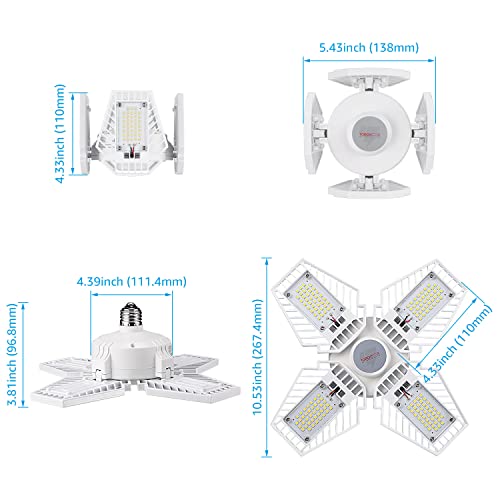 Torchstar Led Garage Lights, 100W Deformable 4 Panels 12000Lm Garage Ceiling Light, Ul Listed, Adjustable E26/E27 Base Aluminum Lighting For Barn, Basement, Workshop, 5000K Daylight, White #TOP6