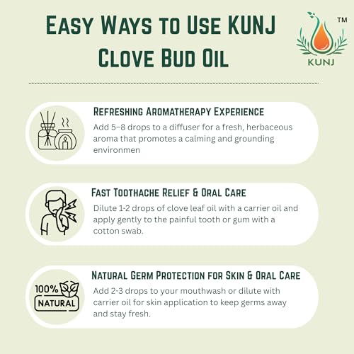 Image of KUNJ Clove Bud Oil (Syzygium aromaticum) 10ML - 100% Pure & Natural, Undiluted, Steam Distilled - Therapeutic Grade Oil for Aromatherapy, Oral Care & Skin Nourishment