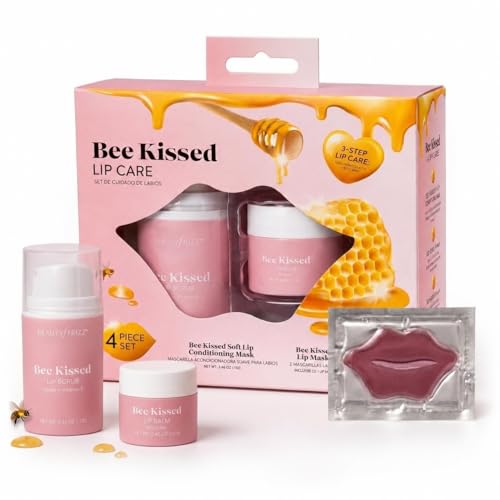 BeautyFrizz Honey Lip Care Gift Set - 4 Piece Lip Scrub Lip Mask and Lip Balm Kit - Hydrating Routine for Dry Chapped Lips - Helps Feel Soft and Smooth