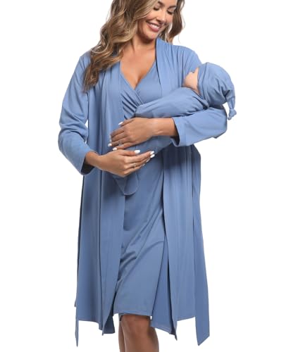 QTECLOR Mommy Robe Set for Maternity with Matching Swaddle Blanket, Delivery Labor Gown Robe for Hospital Women Dress