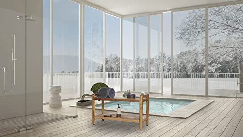 Ecodecors Earthyteak Shower Bench Eleganto Wooden Seat Garden Bench With Liftaide Arms 35" Long Natural Teak Patio Bench Wood Shower Bench For Indoor And Outdoor Use #TOP7