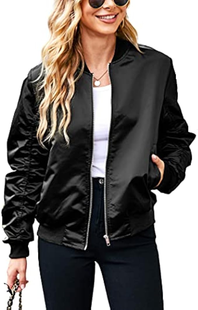 ACEVOG Women Fashion Satin Bomber Jacket Zip Up Casual Jacket Coat with Pocket Outfit