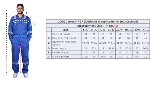 Image of Men's 100% Cotton Pyrovatex Fire Retardant Industrial Coveralls (Boiler Suit) with Reflective Tape 240 GSM. Color Royal Blue, Size 5XL - 50