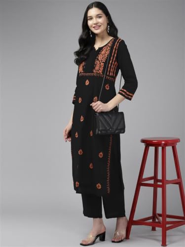 Image of Ada Women's Cotton Straight Fit Tunic Hand Embroidered Straight Lucknow Chikankari Kurta Kurti A411435