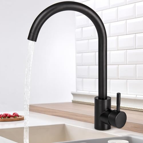 Virklyee Grifos para fregadero Grifo de cocina de una sola palanca, Grifo de Cocina para Acero Inoxidable, giratorio 360, para Agua Caliente y Fría, En forma de C (Negro)