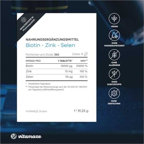 Vitamaze Biotin hochdosiert 10.000 mcg + Selen + Zink für Haare, Haut & Nägel, 365 vegane Tabletten für 1 Jahr, D-Biotin, Nahrungsergänzung ohne Zusatzstoffe, Made in Germany