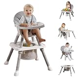 UNICOO 7 in 1 Convertible Baby High Chair, Toddler Highchair Converts to Activity Table and Chair Set, Removable Double Tray, 5-Point Harness, Storage Basket, Building Block Tabletop (Grey)