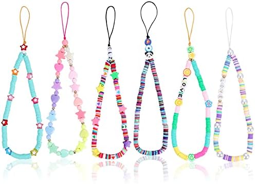 Sibba 6 Pieces Beaded Phone Charm Mobile Lanyard Anti-Lost Key Chain Wristlet Bracelet Rainbow Smiling Face Fruit Star Letters Wrist Strap