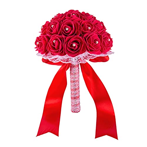 Blumenstrauß Romantische Hochzeit Künstliche Hochzeitsstrauß Koreanischen Stil künstlicher Rosenstrauß Bouquet Deko Brautjungfer Blumenstrauß Brautstrauß mit Strass für Hochzeit,Fotoshooting,Rot