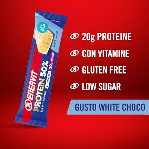 Enervit, Protein Bar 50% White Choco, Barrette Proteiche, 20g di Proteine, Low Sugar, con Vitamina D e B6, Gusto Cioccolato Bianco, Per il Recupero Dopo lo Sport, Senza Glutine, 12 Barrette da 40g - Immagine 1
