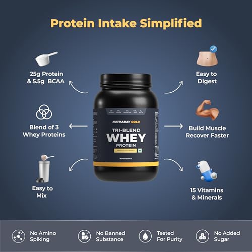Image of Nutrabay Gold Tri Blend Whey Protein Powder - 1kg, Mango Milkshake | 25g Protein, 5.5g BCAA | Concentrate, Isolate, Hydrolyzed Protein | Muscle Growth & Recovery | Gym Supplement for Men & Women