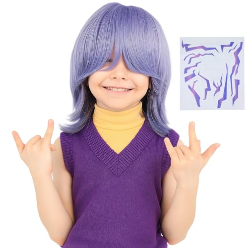 PUREHAIR Short Blue Purple Synthetic Hair Costume Wig with 2 PCS Tattoos Natural Looking Cosplay Wigs for Halloween Party Cosplay Events (Blue Purple)