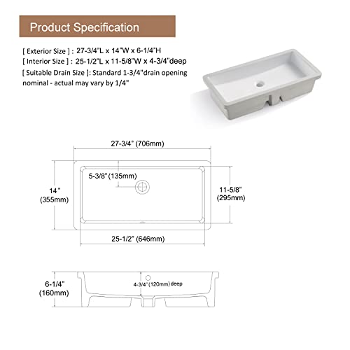 Meje #T2814-28 X 14 Inch Undermount Bathroom Sink, Ceramic Rectangle Lavatory Vanity Vessel Sink, White #TOP6