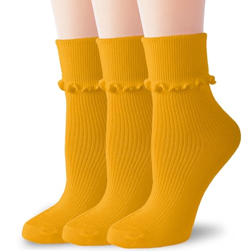 Image of Womens Ruffle Socks Fashion Breathable Solid Color Turn-Cuff Cute Girls Ankle Socks 3 Pairs