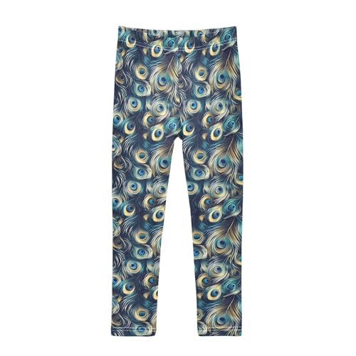 Blue Peacock Feathers Pattern Girls Leggings Kids Yoga Pants Athletic Tights Pants 4-10 Years