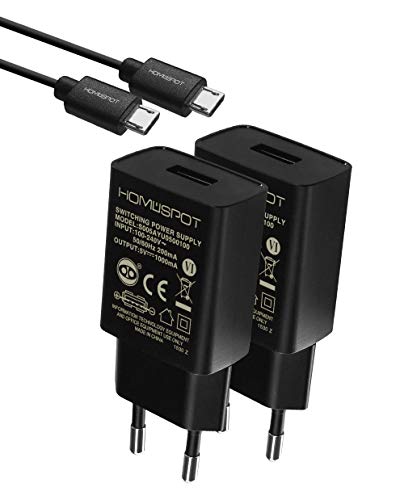HOMESPOT USB Akku Ladegerät mit 2 Meter Micro USB Kabel kompaktes Universal USB Netzteil 5V1A mit EU Stecker kompatibel mit Samsung Motorola LG und vielen Anderen USB Geräten (2er Pack) Cover