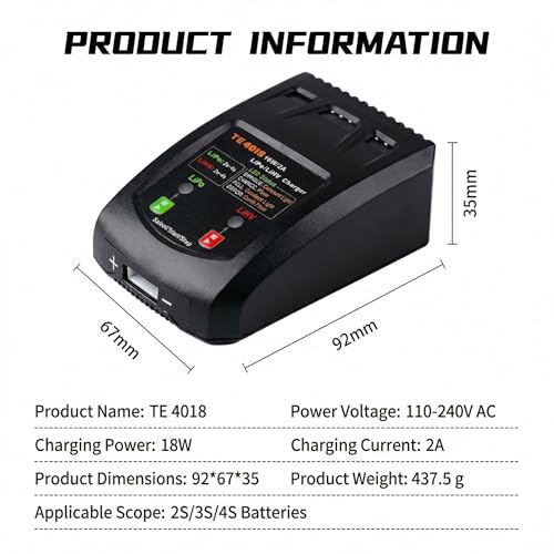 18W Fast LiPo Battery Charger, 2S 3S 4S RC Balance Charger Compatible with 7.4-14.8V LiPo & 8.7-17.4V LiHV Batteries, XH3P XH4P XH5P Connectors for FPV Drones, Airsoft Guns, RC Vehicles