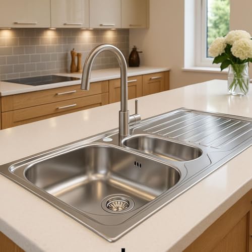 Évier de cuisine en acier inoxydable 100 x 50 cm – Double évier 1,5 bac – Avec égouttoir et siphon – Avec trou pour robinet