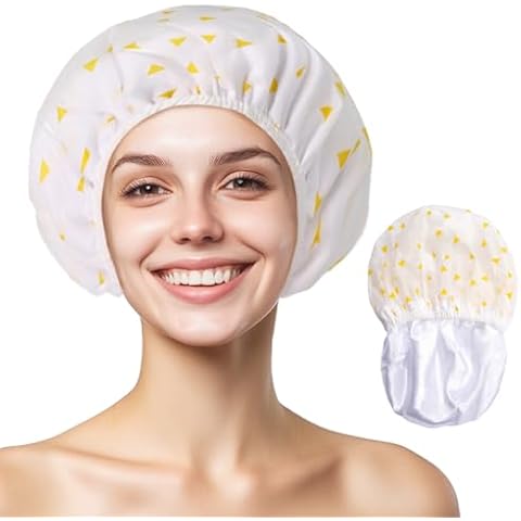 YIZIJIZI Shower Cap,Reusable Waterproof Shower Caps – Large Size for Women, Perfect for Long Hair (Yellow triangle) Cover
