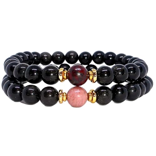 Bracelets couple contre l'éloignement en obsidienne noire et rhodochrosite lissante