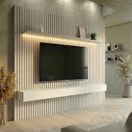 Painel Ripado com Rack Suspenso até 70 Polegadas Tulum com LED 1 PT 2 GV Off White Alt 218 Larg 222 cm