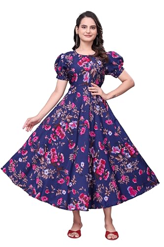 Image of Women's A-Line Crepe Maxi Dress | Stylish Fit and Flare Dress with Round Neck Short Puff Sleeves for Casual Wear