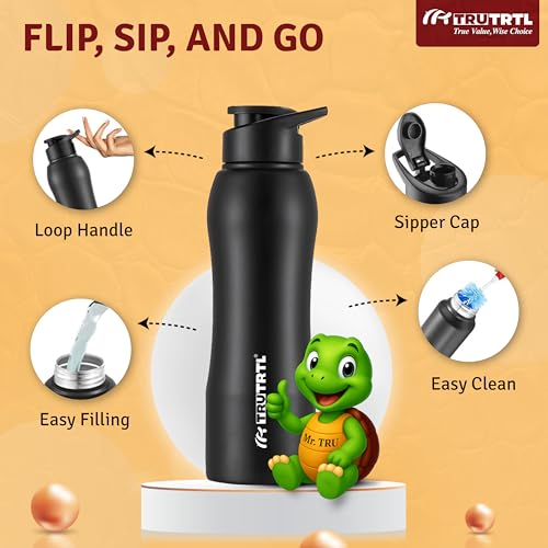 Image of Mr. TRU Sporty Stainless Steel Water Bottle 1000 ml with Sipper | ISI Certified | Single Wall | Leak Proof Lid | Rust Proof | For School, Office & Gym I Black