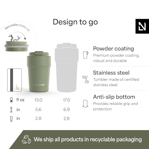 Image of LARS NYSOM Thermo Coffee Mug to go 13oz | Travel Mug 0.38 Liter with Insulation | Silicone grip base | Leak Proof Stainless Steel Tumbler for Coffee and Tea on the Go (Powder Sage Green, 13oz)
