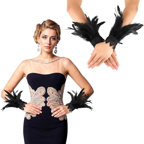 WLLHYF Black Lace Feather Gloves Witch Angel Costume Gothic Mesh Wristband Cuff Wedding Accessory for Women Halloween Christmas Cosplay(Black)