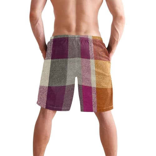 Men's Swim Trunks Orange Plaid Print, Quick Dry Beach Board Shorts with Lining-S2