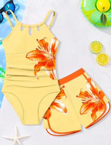 Image of KANGKANG Girls Swimsuit Quick Dry Cut Out One Piece Swimsuits with Tropical Print Cover Up Skirt Bathing Suit Swimwear 7-18Y