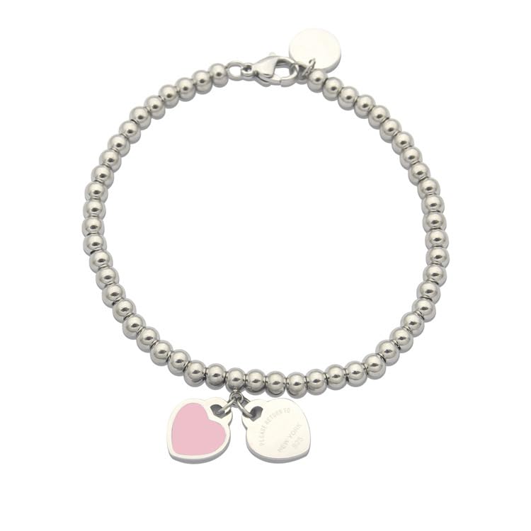 Beaded double heart-shaped design bracelet, ladies' link bracelet, best friend, gift for mom and lover, friendship jewelry, stainless steel, non-gemstone