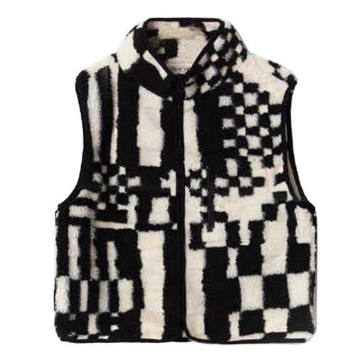 Ainangua Fuzzy Checkered Sherpa Fleece Vest for Women Sleeveless High Neck Zip Up Winter Jacket Cute Plaid Gilet with Pocket