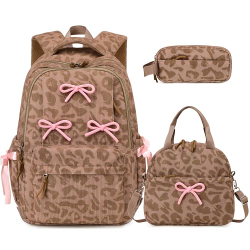 Similove Backpack for Girls Corduroy 3PCS Bow School Bookbag for Teen Girl with Lunch Box & Pencil Pouch Lightweight Laptop Backpack for Middle High Elementray School Travel Daypack