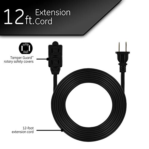 Ge 3-Outlet Power Strip, 12 Ft Extension Cord, 2 Prong, 16 Gauge, Twist-To-Close Safety Covers, Indoor Rated, Perfect For Home, Office Or Kitchen, Ul Listed, Black, 45152 #TOP1