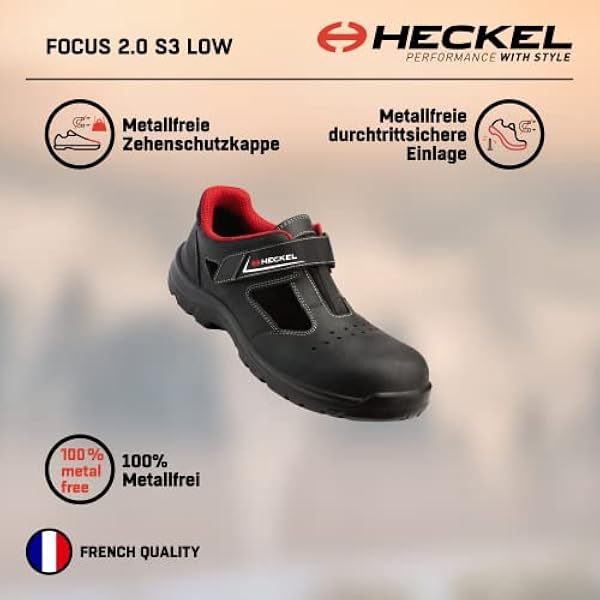 Heckel Zapatos de seguridad Focus 2.0 S1P Sandal para mujer/hombre, ligeros, flexibles y antimagnéticos, negro/rojo