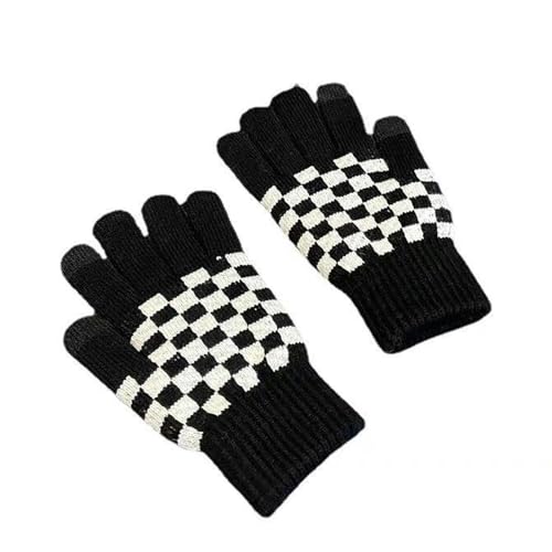 ESTINTENG Guantes de invierno para pantalla táctil de tablero de ajedrez dividir dedos de lana cálida a prueba de frío felpa engrosados lindos guantes de pareja de estudiantes, color negro, talla