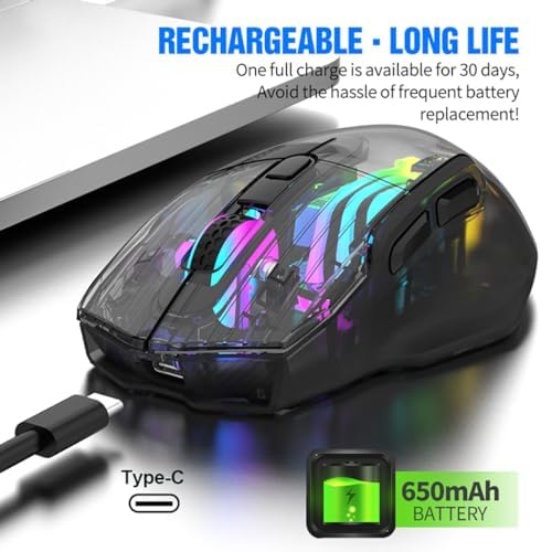 Image of Bluetooth Wireless Mouse,Tri-Mode 2.4G /USB-C, Up to 3600 DPI,Transparent Mechanical Gaming Mouse,Chroma RGB Backlit, Must-Have Cool USB Computer Mouse for Gaming and Esports (White)