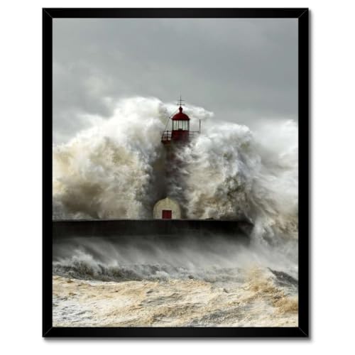 Cadre blanc poster phare tempête 40x50 cm décoration salon style bord de mer