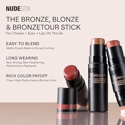Nudestix Nudies Bronze All Over Matte Bronzing Stick 3-in-1 Cream Bronzer for Cheeks, Eyes & Lips with Built-In Brush | Natural Contour & Sun-Kissed Glow