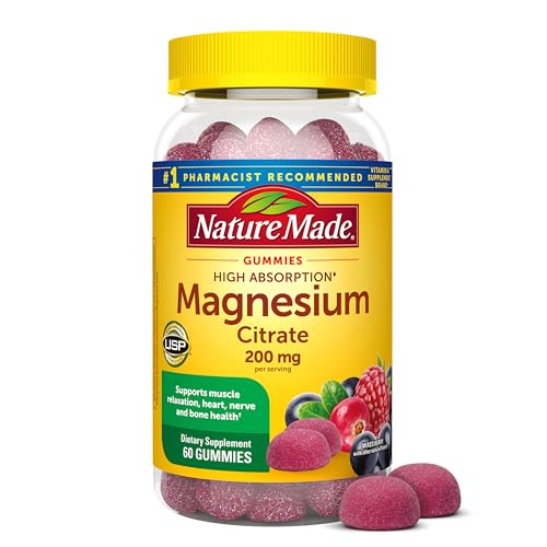 Image of Nature Made High Absorption Magnesium Citrate 200 mg per serving, Magnesium Supplement for Muscle, Nerve, Bone and Heart Support, 60 Magnesium Gummies, 30 Day Supply