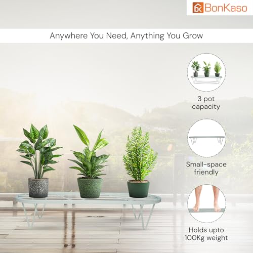 Image of BonKaso Heavy Duty Stadium Plant Stand: 60.9X 22.5 x 12.7 cm, White - Set of 4, Modern Design for Indoor & Outdoor Use, Sturdy, Anti-Rust Planter Stand for Garden, Balcony, Patio