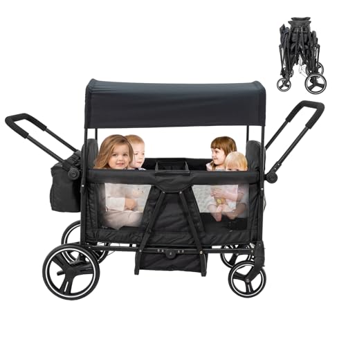 Image of Wagon Stroller for 4 Kids - 4 Seater Baby FoldableTandem Stroller for Toddlers&Newborns with Mom's Bag,5-Point Harness,Adjustable Handle&Canopy,Kids Tray,Cup Holder,Storage,Lightweight&Travel-Friendly