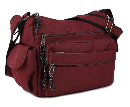 irisaa Umhängetasche Damen, Canvas Multifunkionale Schultertasche, Casual Handtasche mit vielen fächern für Schule Shopping Arbeit, Unisex, Damen Tasche:weich-weinrot