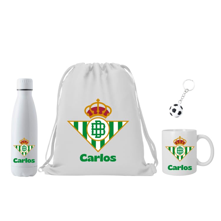 Genérico Escudo Real Betis - Personalizado con Nombre - Regalo Real Betis para los Fans de Futbol - Mochila+ botella700ML + Taza cerámica350ML - Llavero Pelota (Escudo Real Betis)
