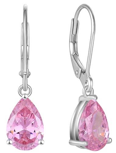 YL 925 Sterling Silver Teardrop Dangle Earrings for Women 7x10 MM Solitaire Drop Earrings Pink Created Tourmaline Leverback Jewelry