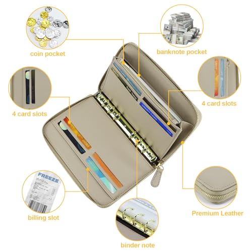A6 Fichário econômico com envelopes para dinheiro, fichário de couro sintético macio com zíper, 6 an